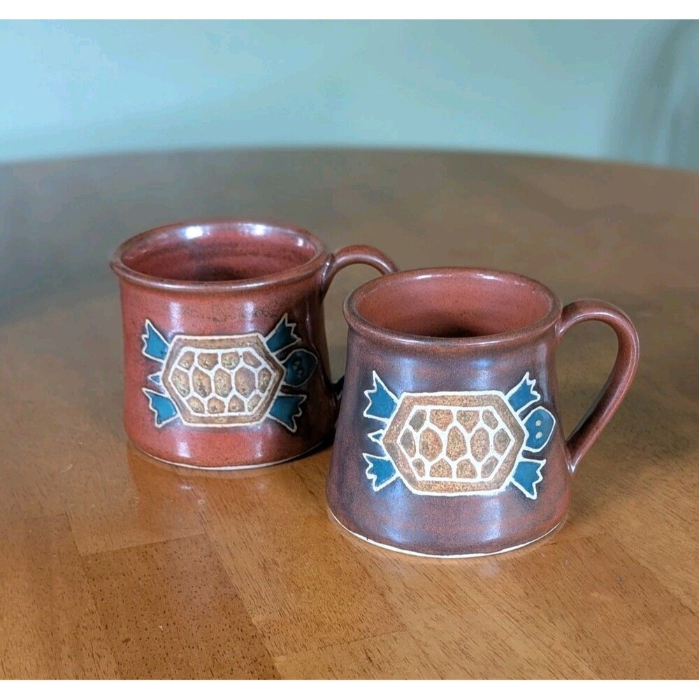 Studio Pottery Mugs Turtles Sea Turtles Tortoise Set Of 2 Handmade Signed Rustic